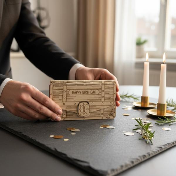 Holz Umschlag aus hellem Sperrholz mit gelasertem Schriftzug „Happy Birthday“